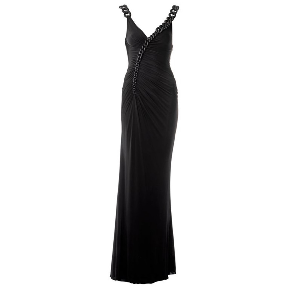 Versace Black Ruched Dress with Chain Shoulder Straps FW 2007